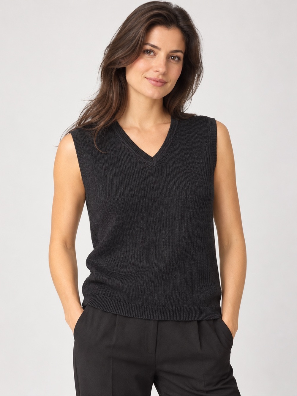 100% Silk Black Sweater Vest XL V-Neck 2-Ply Minimalist Quiet Luxury